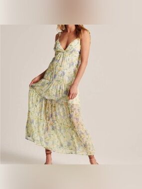 Abercrombie & Fitch Light Yellow Floral Tie-Shoulder Maxi Dress